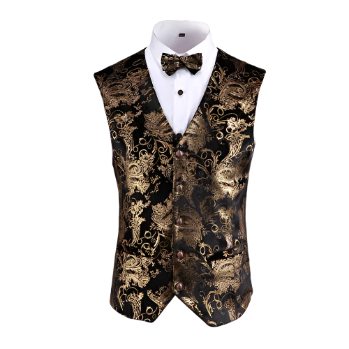 Gold steampunk waistcoat with V-neck design in plus sizes for resort formal wear

