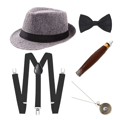 Men's Roaring 20s Gatsby accessories set with retro gangster style for resort theme nights

