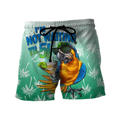 Couples Matching Parrot Beach Shorts featuring vibrant tropical design, perfect for adult resort theme nights