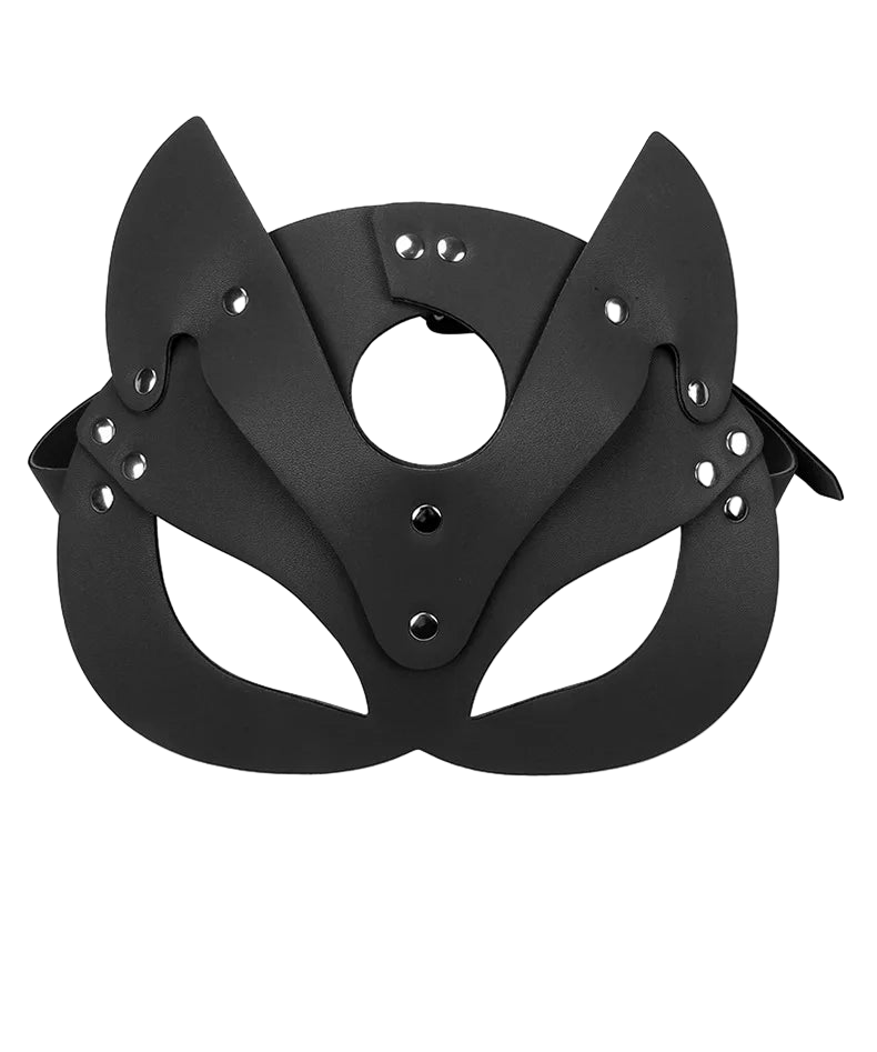 Black mask with cat-like design on a white background