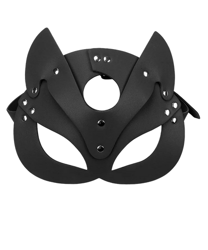Black mask with cat-like design on a white background
