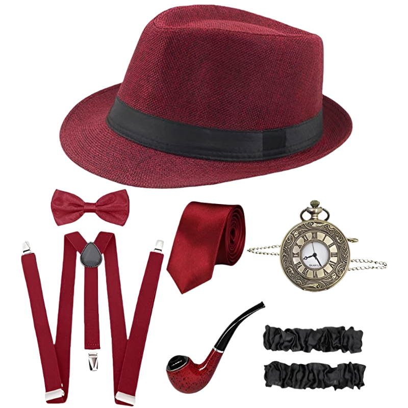 5-piece men's Gatsby accessories set featuring Fedora hat, suspenders, armbands and bow tie for resort theme nights

