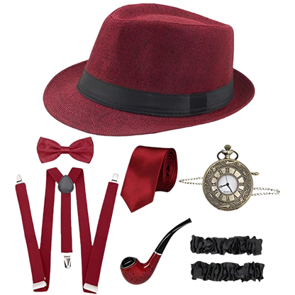 5-piece men's Gatsby accessories set featuring Fedora hat, suspenders, armbands and bow tie for resort theme nights

