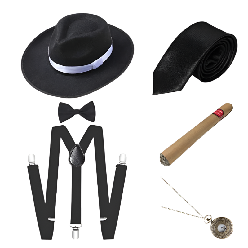 Men's Roaring 20s Gatsby accessories set with retro gangster style for resort theme nights

