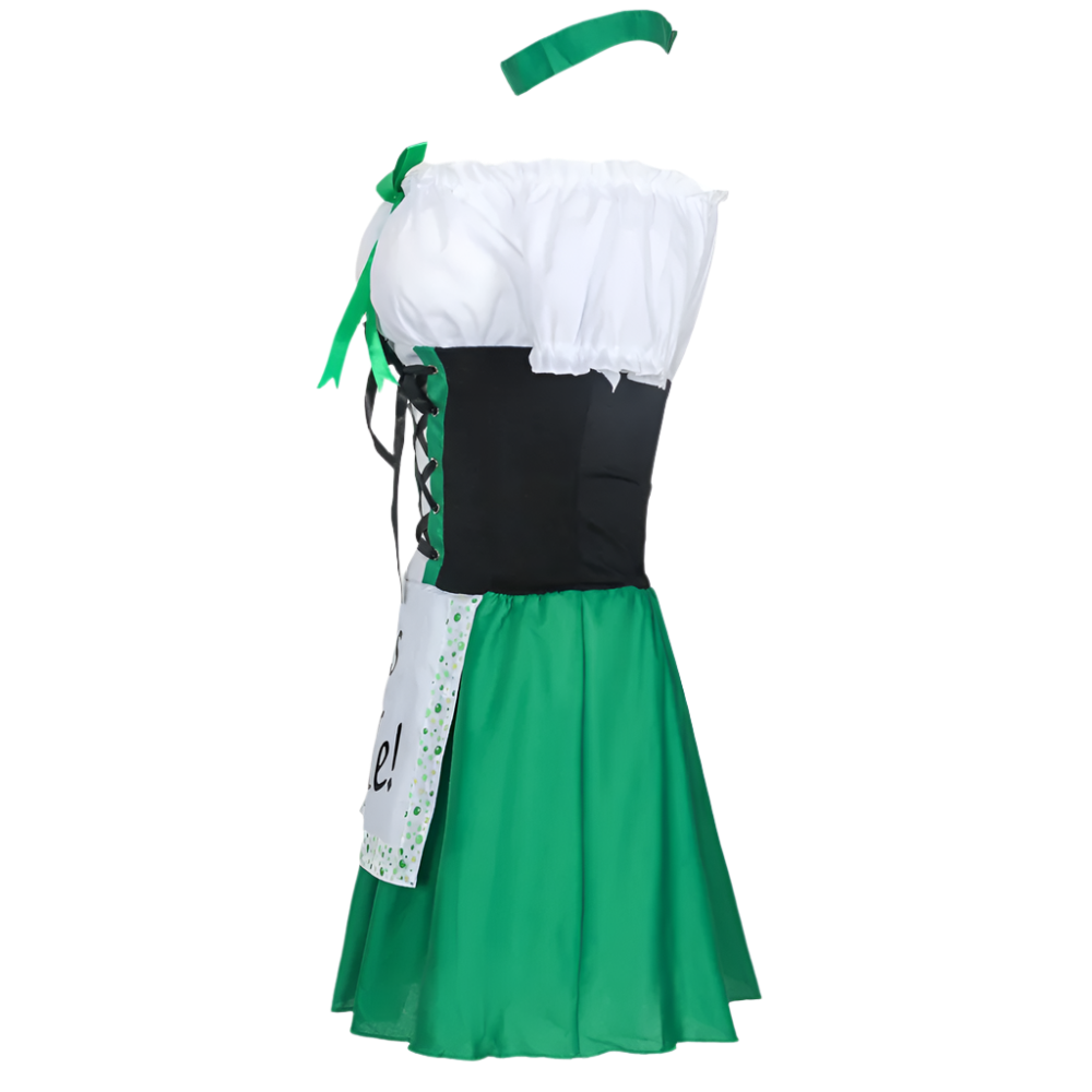 Green St. Patrick's Day Costume: A festive costume featuring a green dress with a white blouse, black corset, and apron with "Kiss Me!" text, paired with polka dot stockings.

