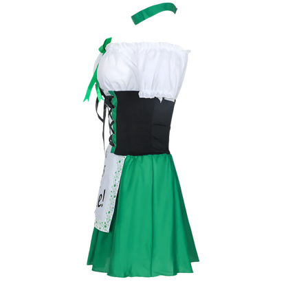 Green St. Patrick's Day Costume: A festive costume featuring a green dress with a white blouse, black corset, and apron with "Kiss Me!" text, paired with polka dot stockings.

