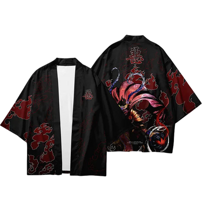Black kimono-style jacket with red dragon design on a white background