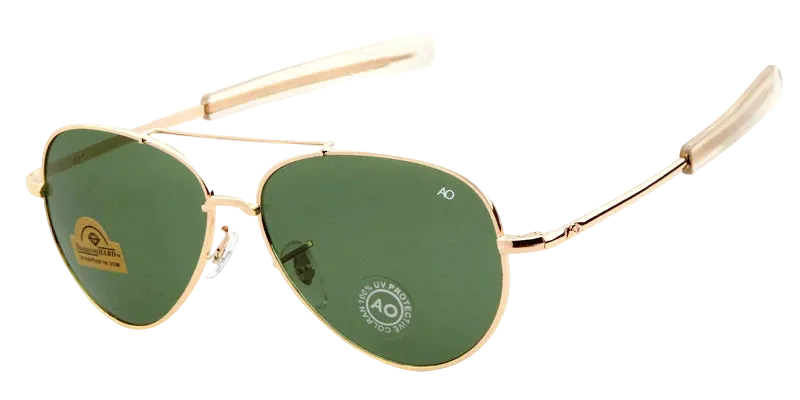 A pair of aviator sunglasses with gold metal frames and green lenses, shown on a plain white background