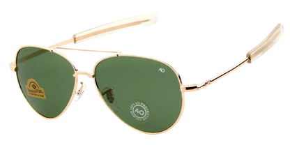 A pair of aviator sunglasses with gold metal frames and green lenses, shown on a plain white background
