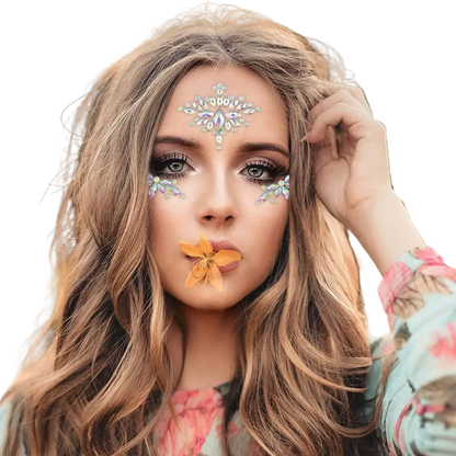 Woman with face paint and floral decorations in a blurred outdoor setting