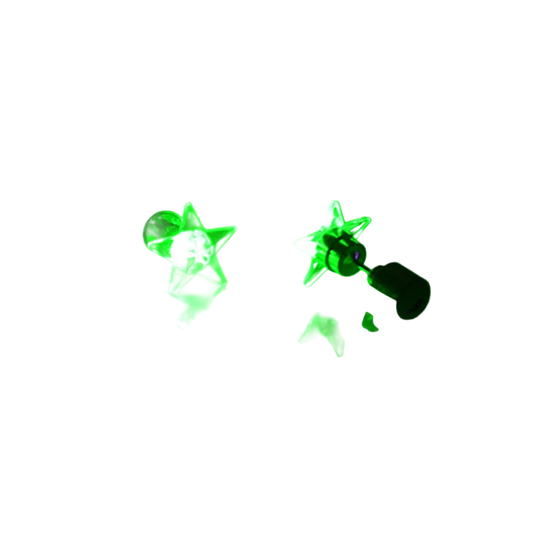Star-shaped green LED earrings on a black background