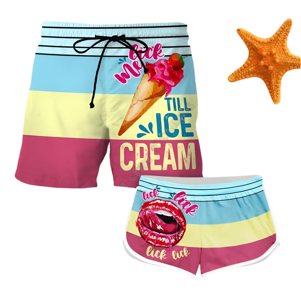 Couples Matching Flirty Message Beach Shorts featuring playful design, perfect for adult resort theme nights