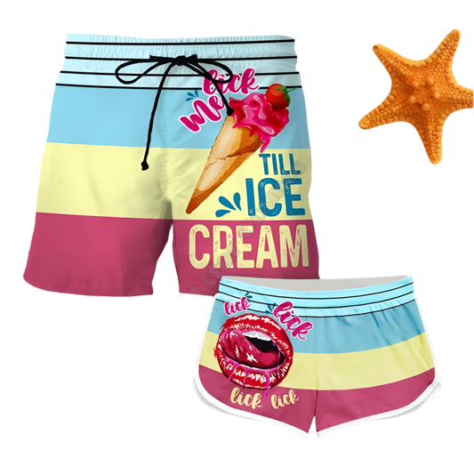 Couples Matching Flirty Message Beach Shorts featuring playful design, perfect for adult resort theme nights