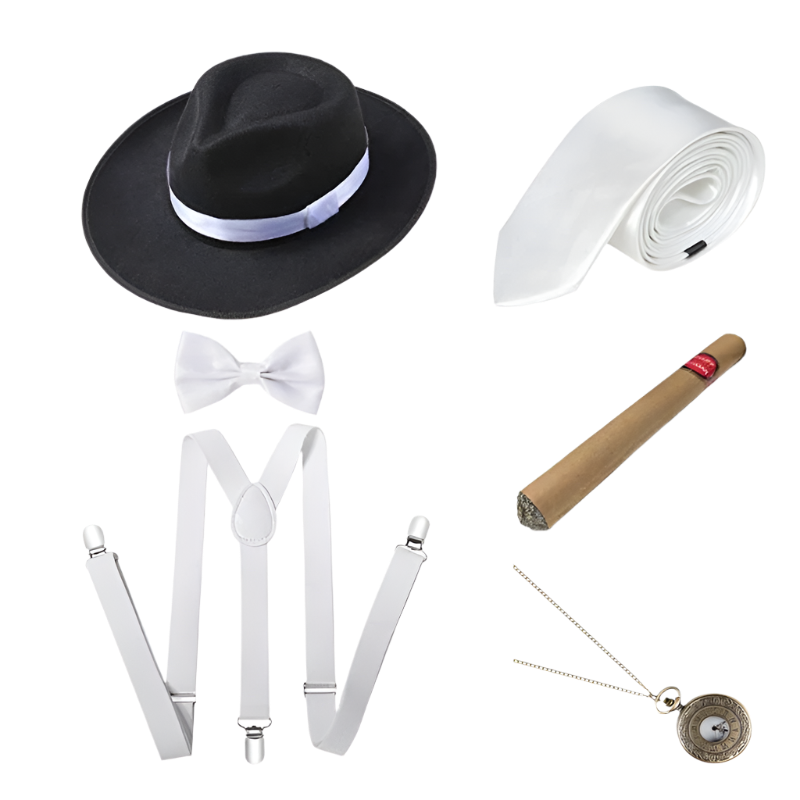 Men's Roaring 20s Gatsby accessories set with retro gangster style for resort theme nights

