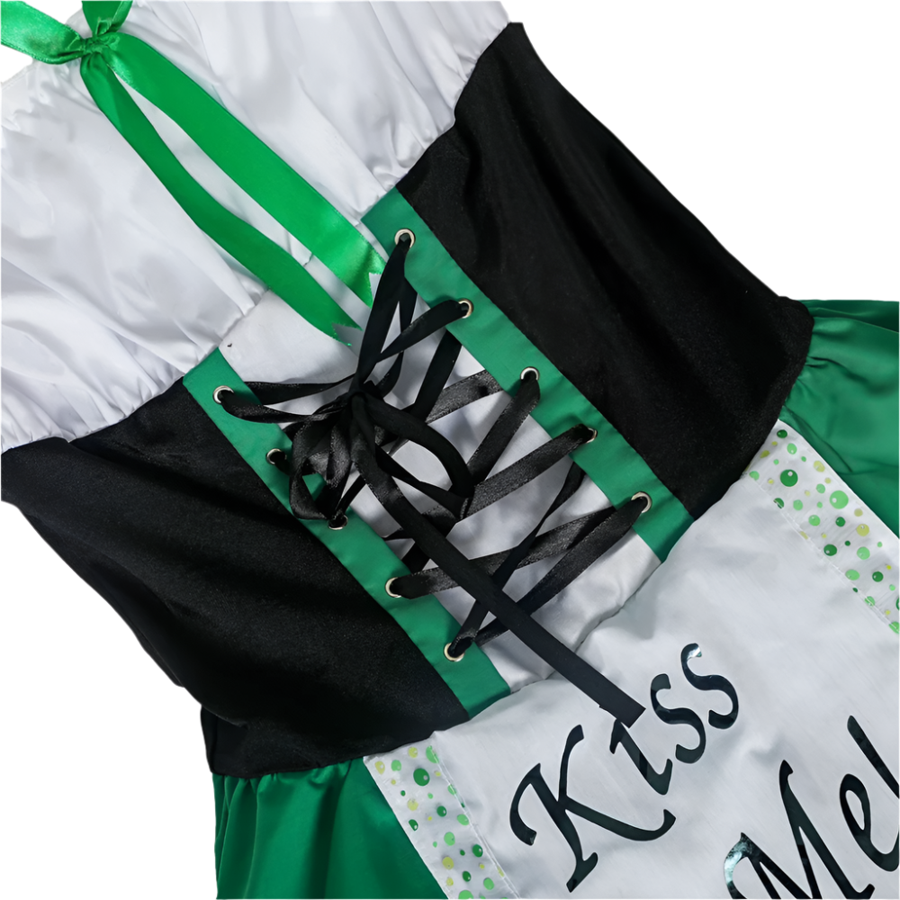 Green St. Patrick's Day Costume: A festive costume featuring a green dress with a white blouse, black corset, and apron with "Kiss Me!" text, paired with polka dot stockings.

