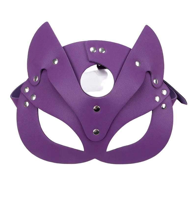 Purple mask with cat-like design on a white background