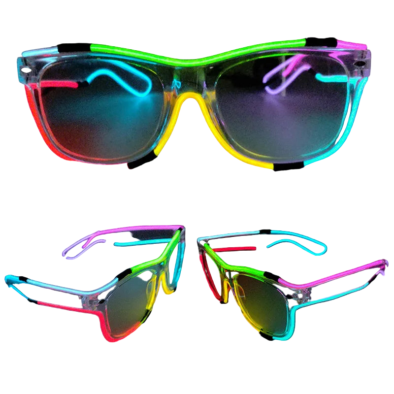 Colorful LED glasses with multicolor illumination on a dark background