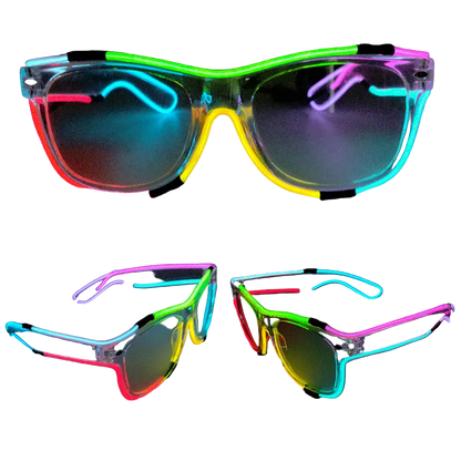 Colorful LED glasses with multicolor illumination on a dark background