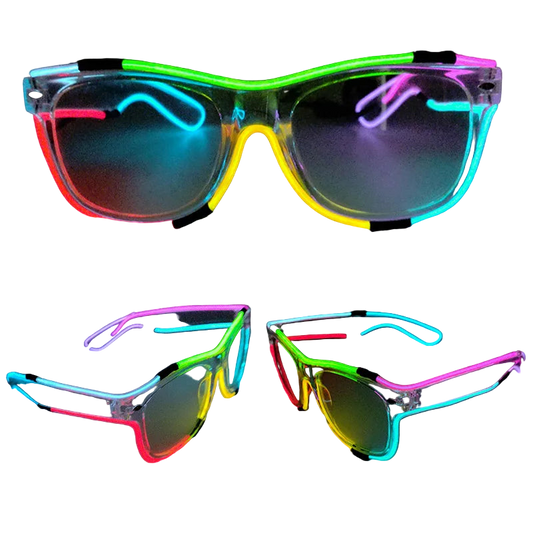 Colorful LED glasses with multicolor illumination on a dark background