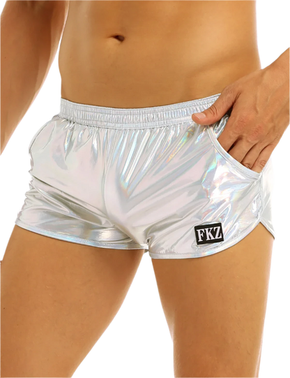 Shiny, reflective shorts with an elastic waistband and a small logo patch, offering a futuristic look.