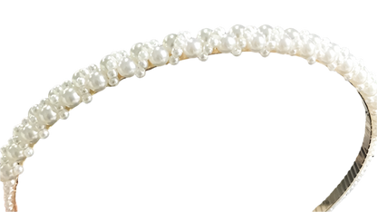 Elegant sunflower pearl hairband with vintage chain accents - perfect for resort day-to-night styling