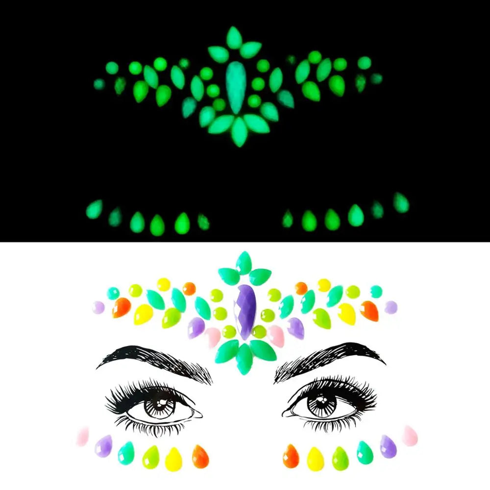 Glowing face paint design with colorful eyes and floral patterns on a black and white background.