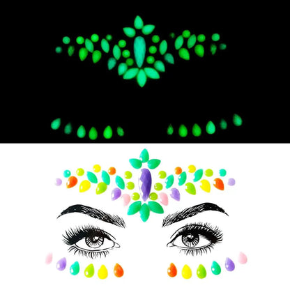 Glowing face paint design with colorful eyes and floral patterns on a black and white background.