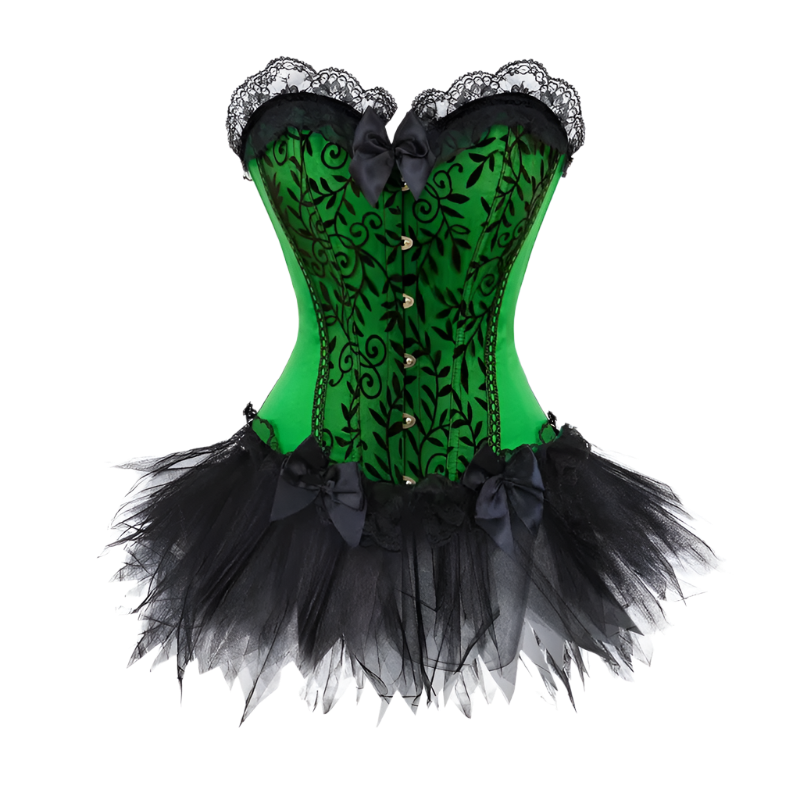 Green corset tutu dress with lace details for plus size burlesque performances

