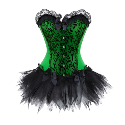 Green corset tutu dress with lace details for plus size burlesque performances

