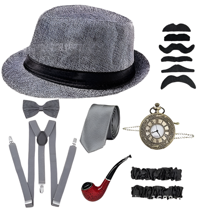 5-piece men's Gatsby accessories set featuring Fedora hat, suspenders, armbands and bow tie for resort theme nights

