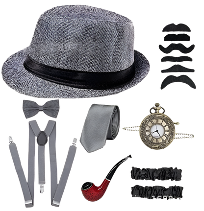 5-piece men's Gatsby accessories set featuring Fedora hat, suspenders, armbands and bow tie for resort theme nights

