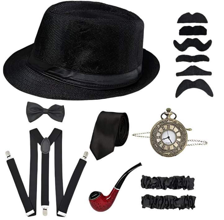 5-piece men's Gatsby accessories set featuring Fedora hat, suspenders, armbands and bow tie for resort theme nights

