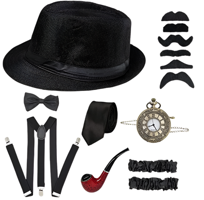 5-piece men's Gatsby accessories set featuring Fedora hat, suspenders, armbands and bow tie for resort theme nights

