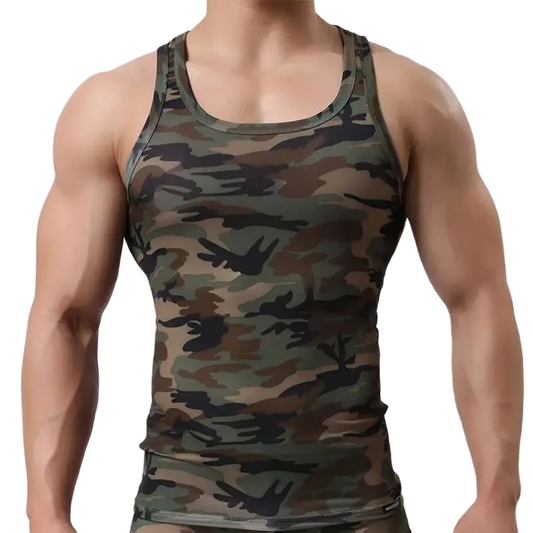 Camouflage tank top worn by a person on a white background