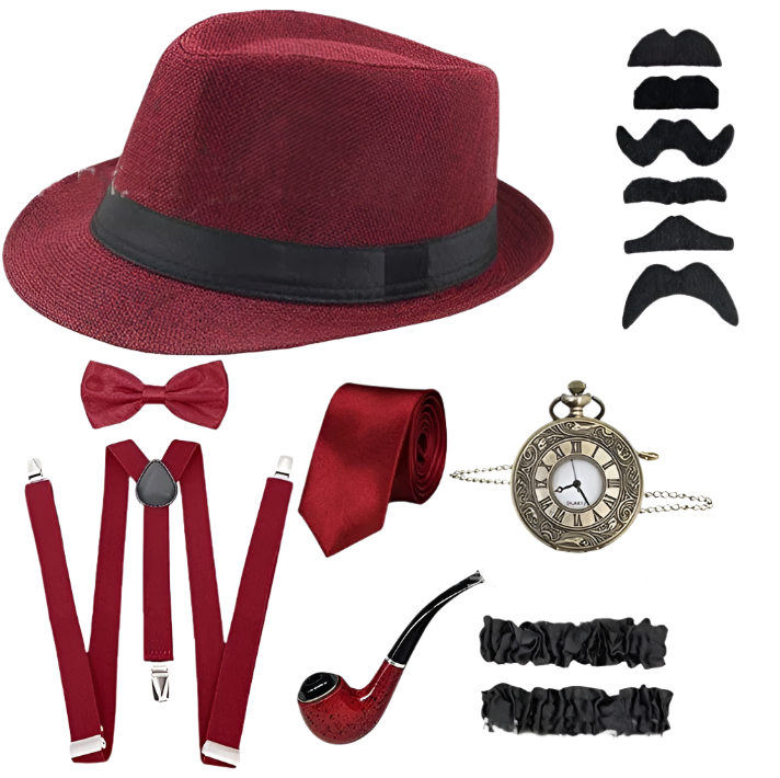 5-piece men's Gatsby accessories set featuring Fedora hat, suspenders, armbands and bow tie for resort theme nights

