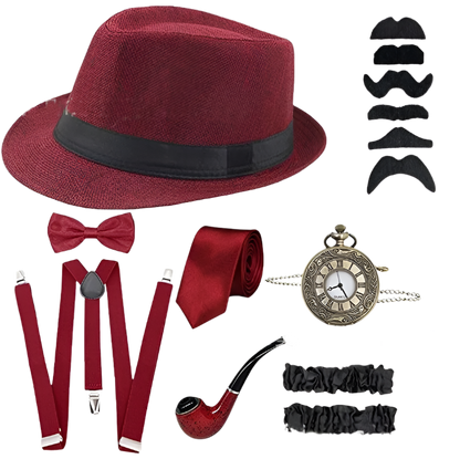 5-piece men's Gatsby accessories set featuring Fedora hat, suspenders, armbands and bow tie for resort theme nights

