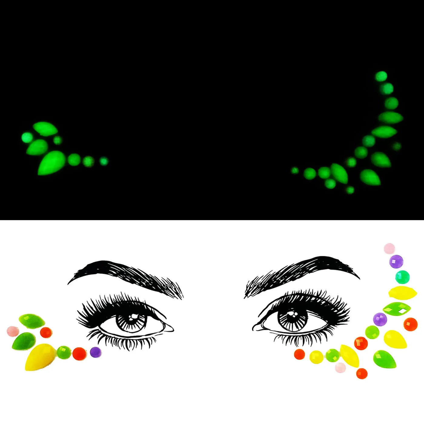 Glowing green eyelashes and colorful eye makeup designs on a black and white background.
