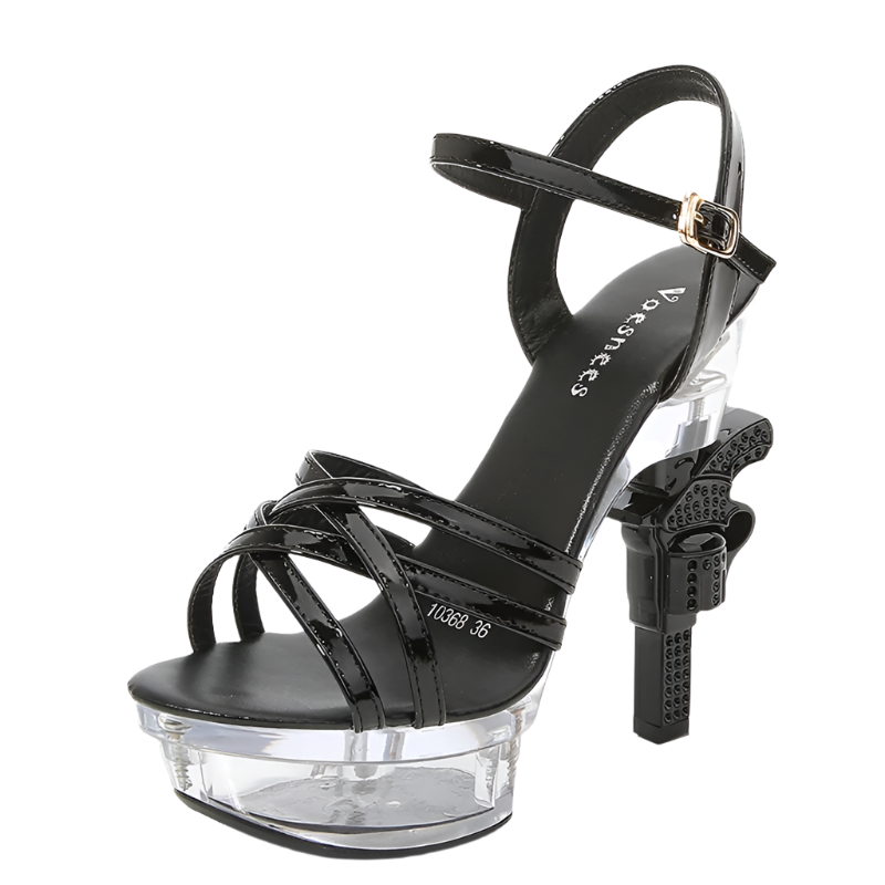 Platform glitter sandals with glowing crystal and pistol heel design featuring 14cm cross-tied high heels in plus size 43 perfect for resort glamour and shimmer styling
