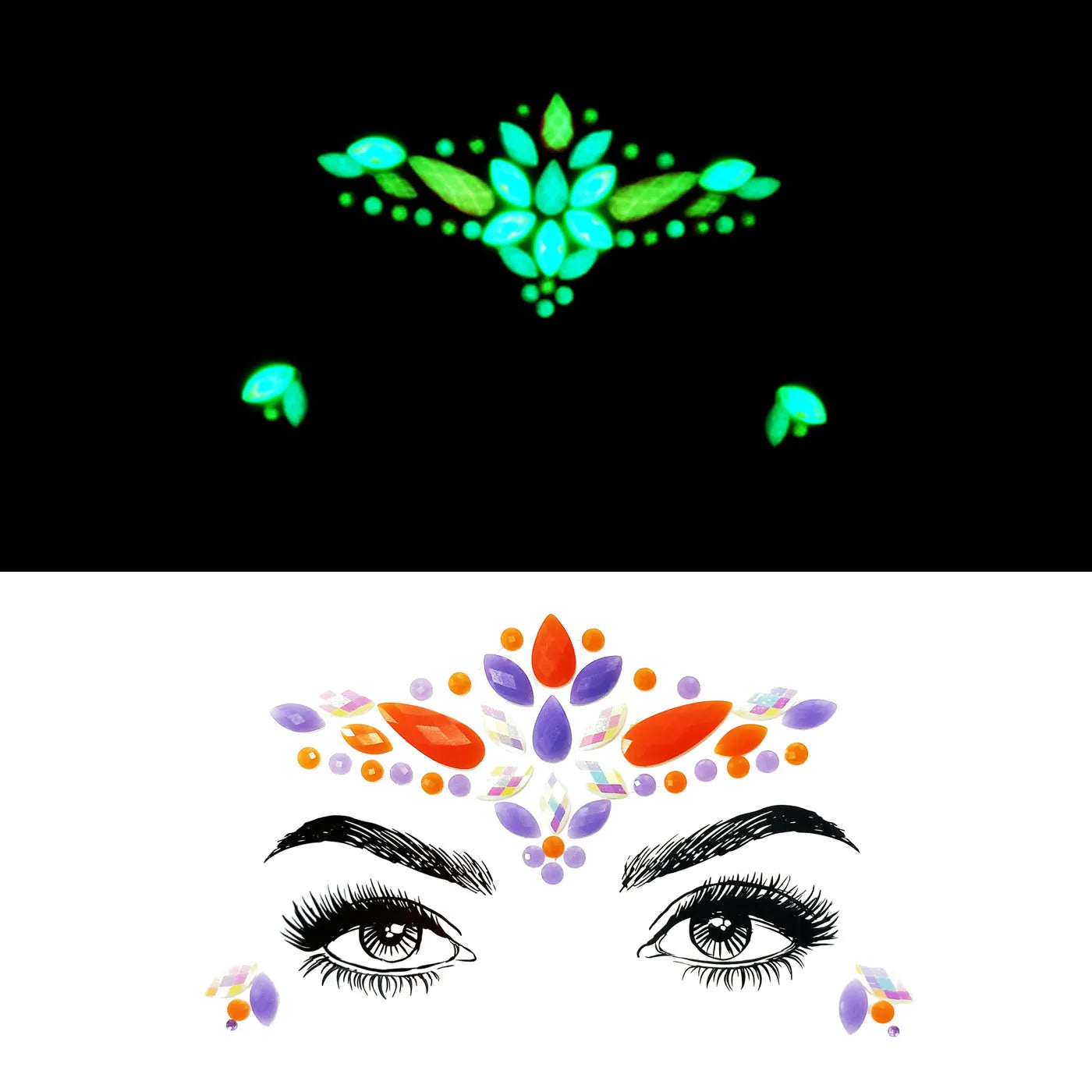 Colorful eye makeup design with decorative elements on a white background