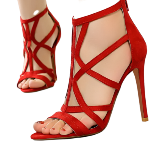 Roman style stiletto sandals with peep toe design and back zip closure in black red yellow colors perfect for resort theme nights and summer parties
