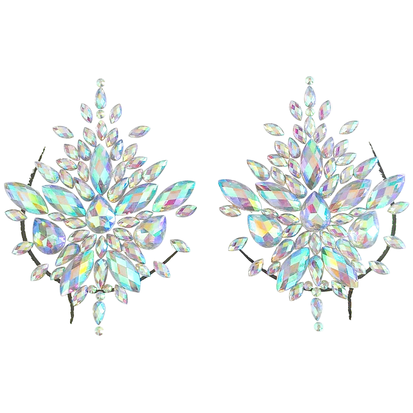Pair of iridescent crystal earrings on a white background