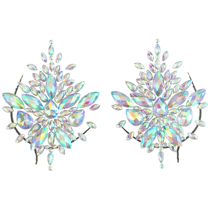 Pair of iridescent crystal earrings on a white background