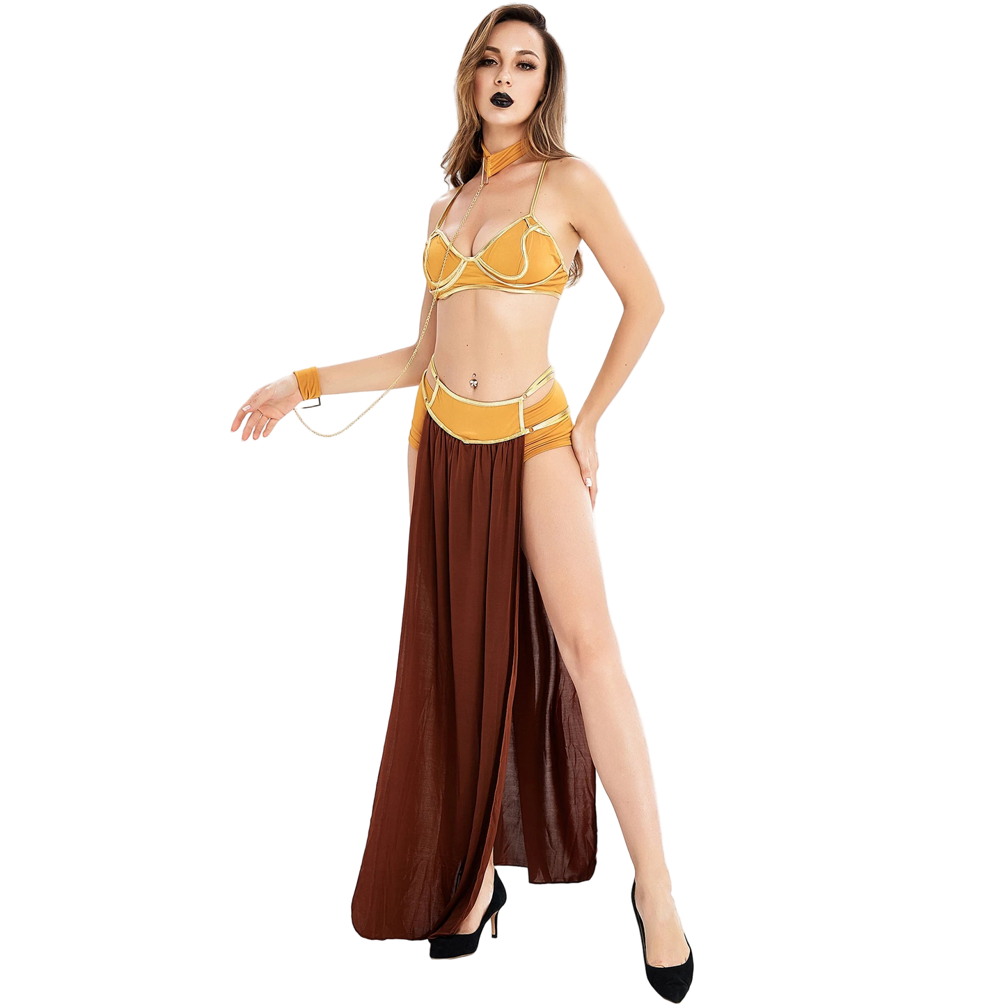 Woman wearing a yellow and brown costume on a white background