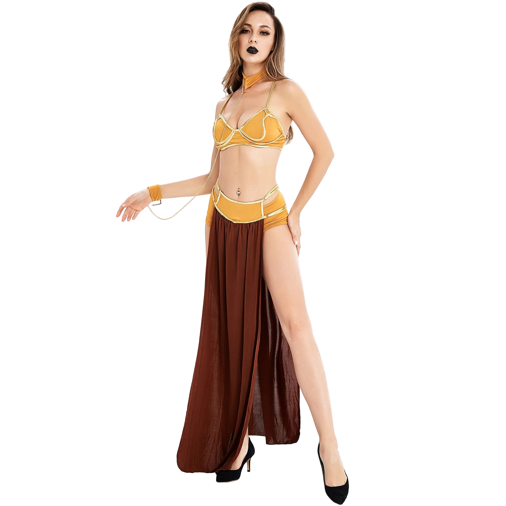 Woman wearing a yellow and brown costume on a white background