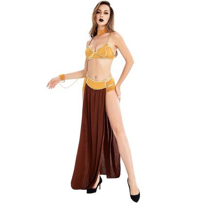 Woman wearing a yellow and brown costume on a white background