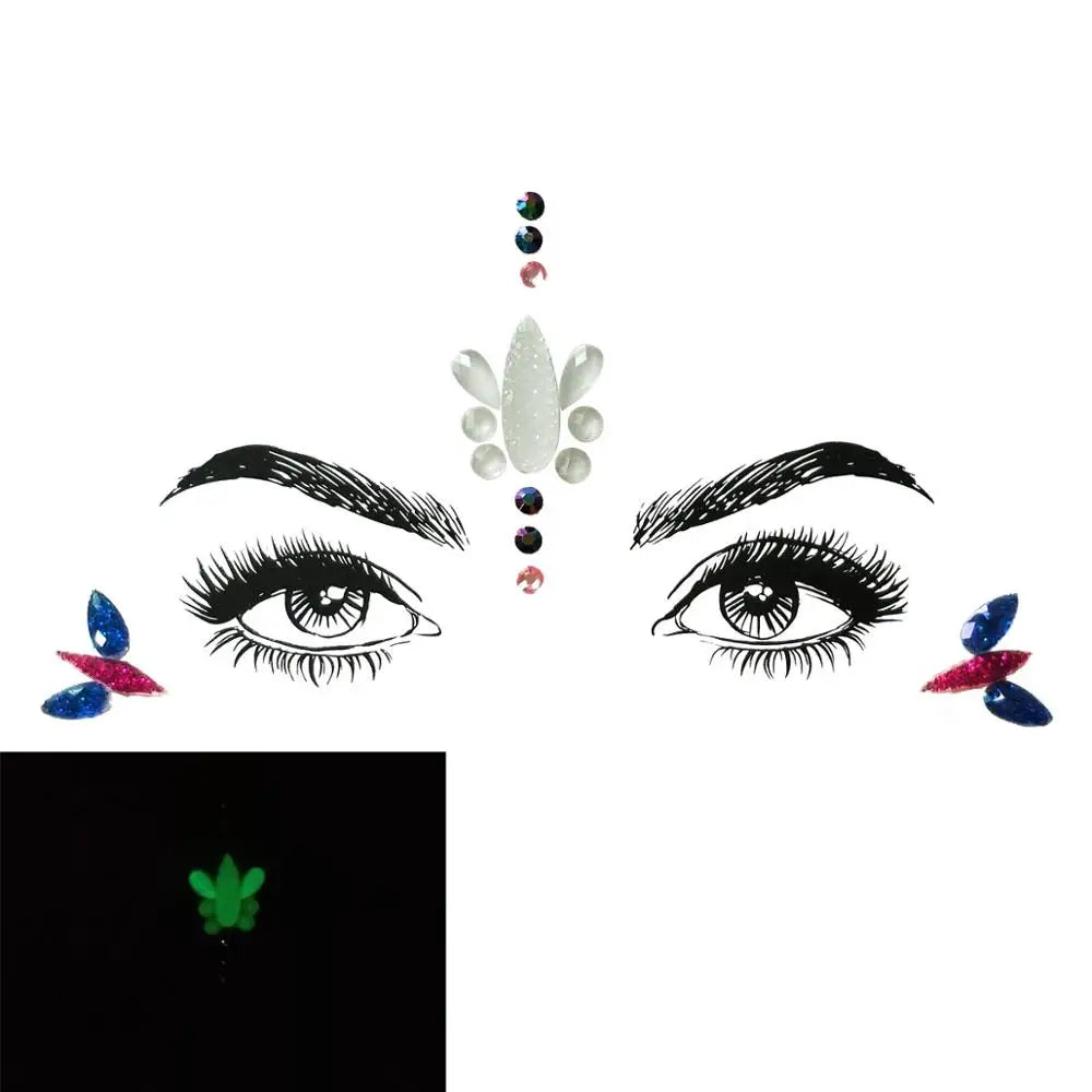 Eyebrow and eye makeup with decorative elements on a white background