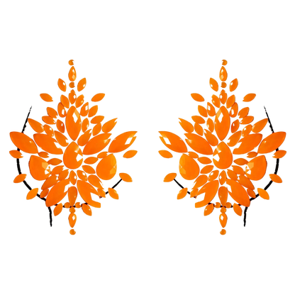 Two orange floral designs on a white background