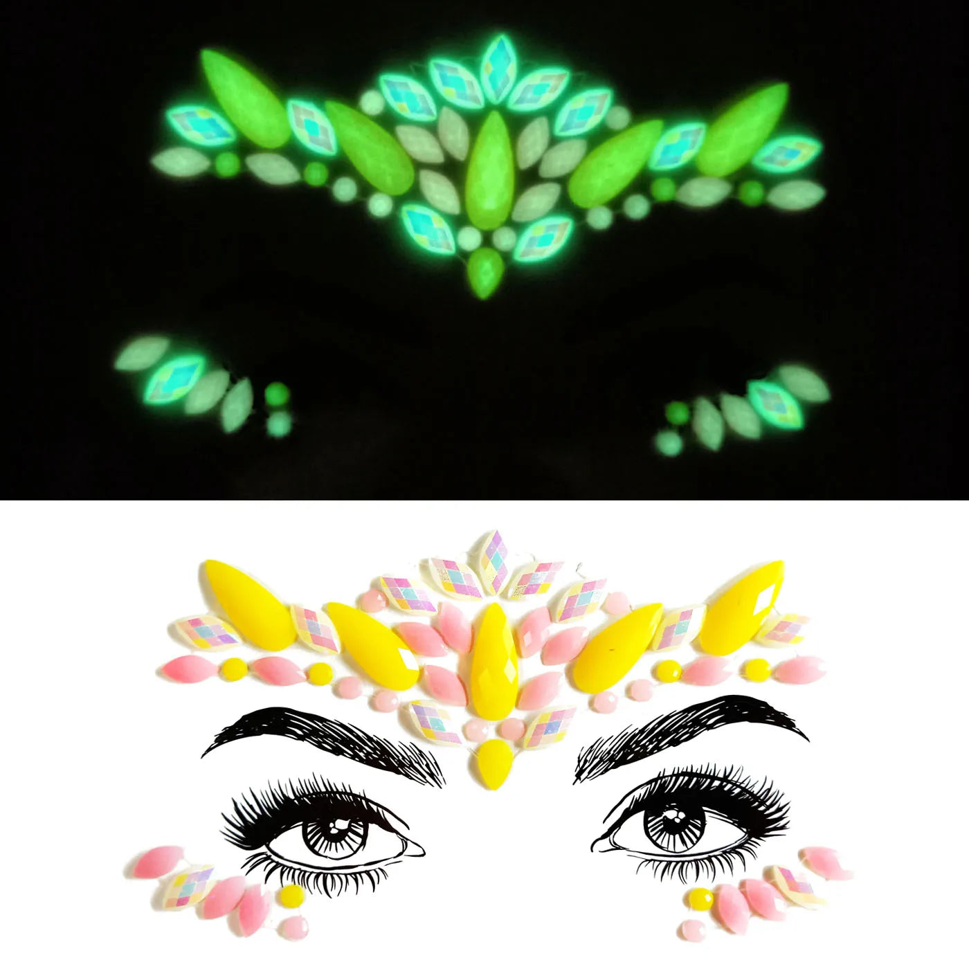 Glowing face paint designs on a black background with a white background showing a stylized eye design.