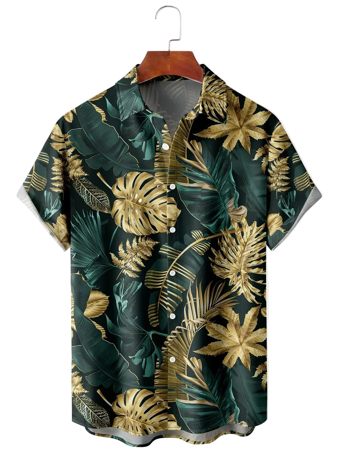 Hawaiian shirt with gold and green leaf pattern on a hanger against a white background