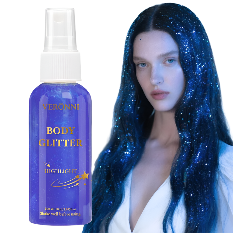 Bottle of Veronni body glitter with a model wearing blue glittery hair on a white background